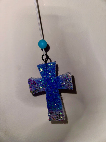 Blue Glittered Ombré Cross Car Freshie