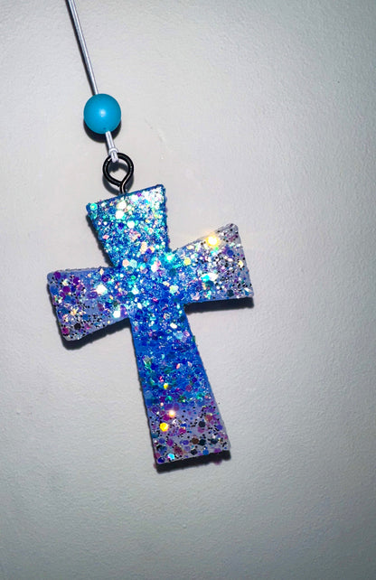 Blue Glittered Ombré Cross Car Freshie
